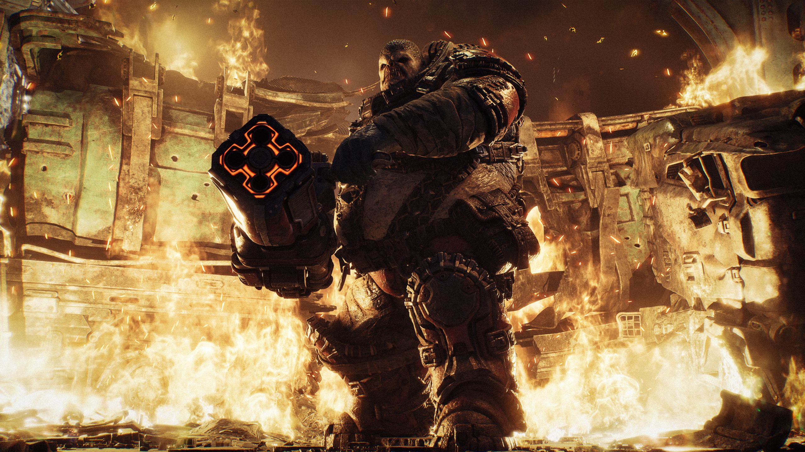 A Boomer Locust hefts a Boomshot among burning wreckage.