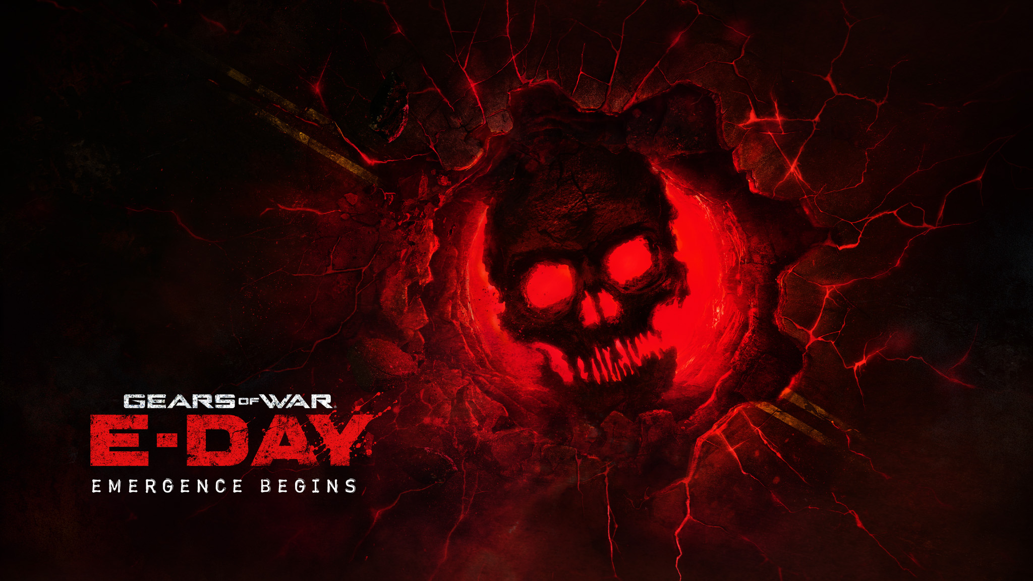 A glowing Locust skull breaks through cracked ground in the red Emergence Begins key art.