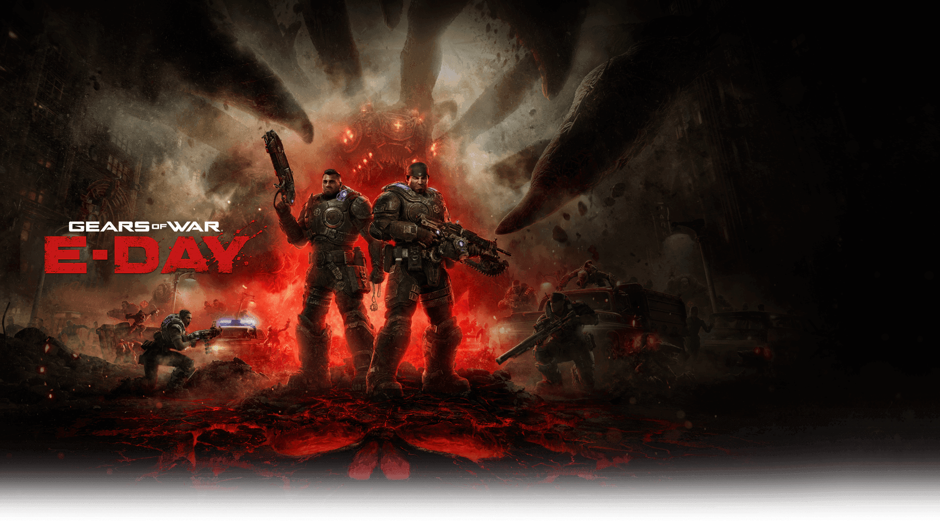 Official Gears of War: E-Day key art: Marcus Fenix and Dominic Santiago stand back to back under a Locust-filled sky, with the E-Day logo at the left.