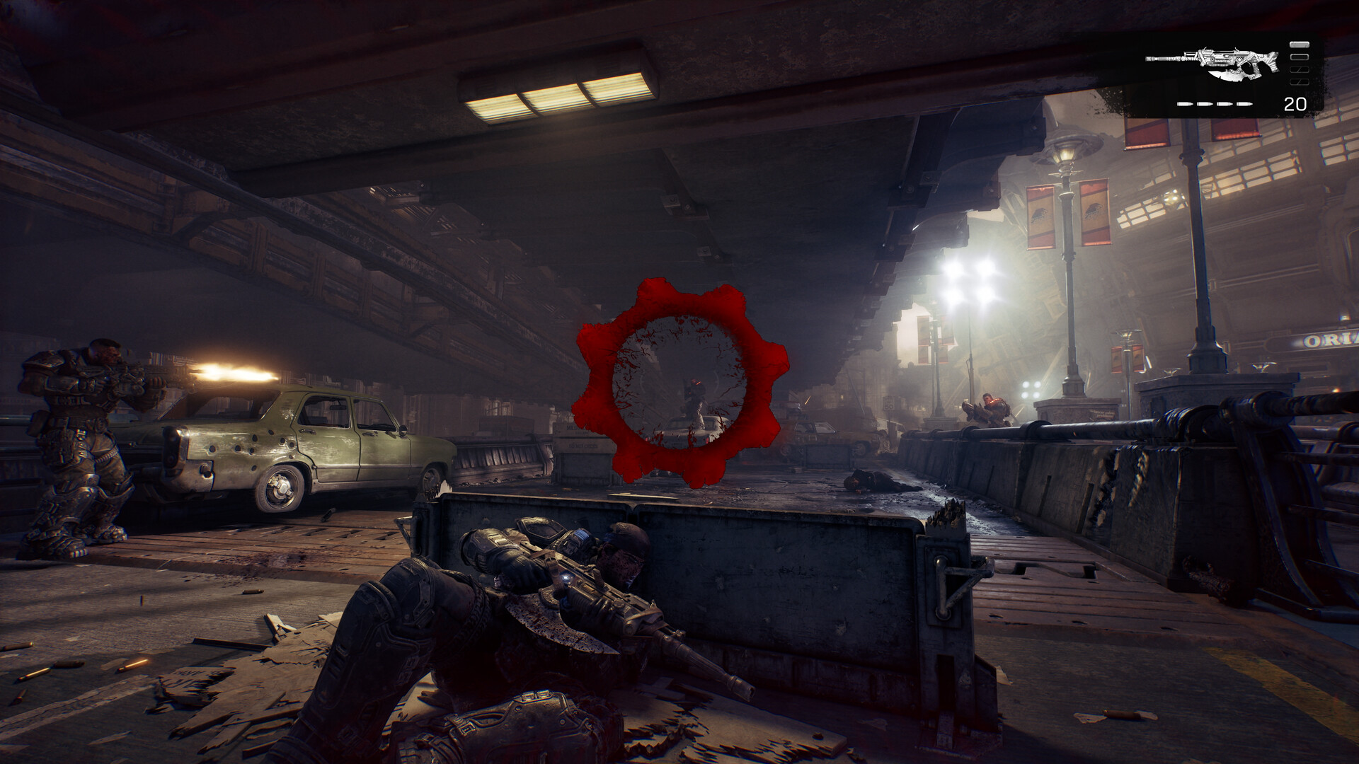 Gameplay screenshot: a Gear fires from cover on a city street while enemies rush the squad.