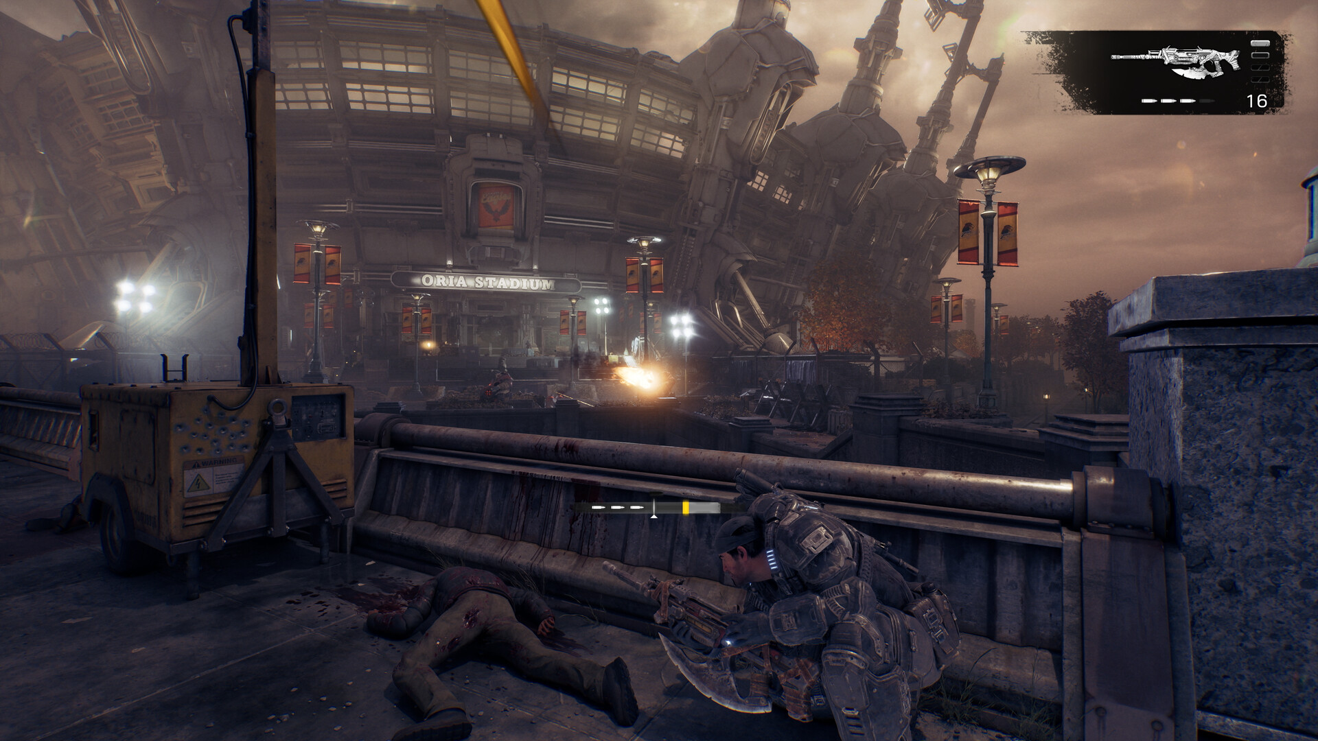 Gameplay screenshot: a Gear takes cover near Oria Stadium while tracer fire crosses the plaza.